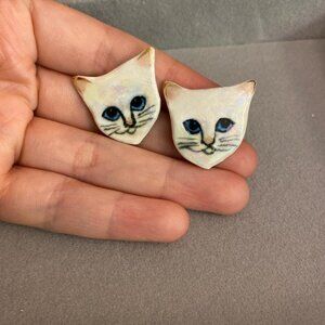 White cat earrings with blue eyes ceramic earrings
